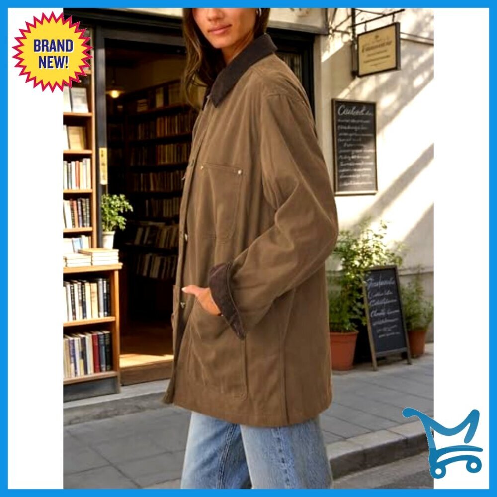 Oversized Utility Cotton Coat Corduroy Collar Vintage Workwear with Pockets - Picture 2 of 7
